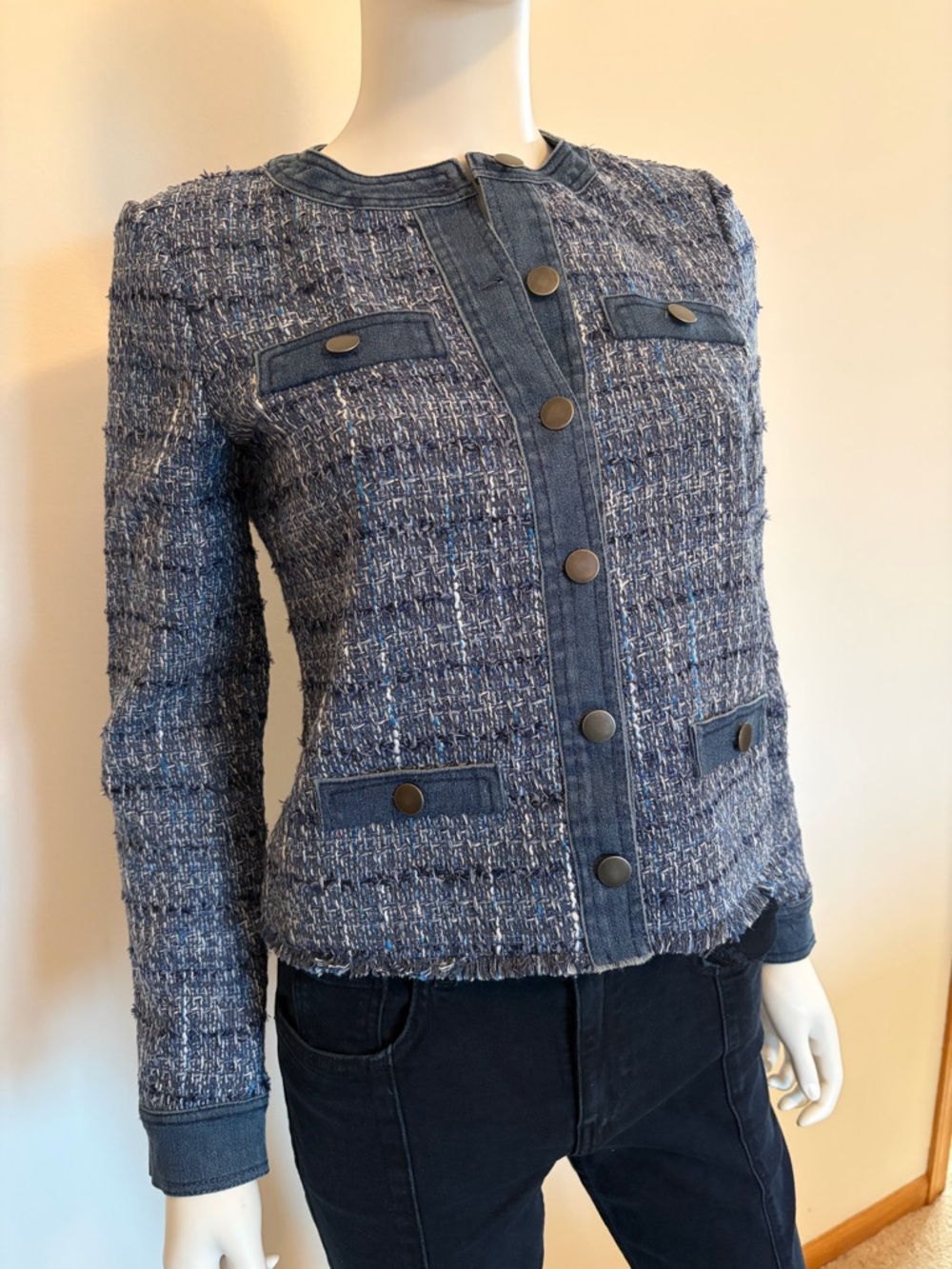 #645 ecru Mixed Media Textured Blue Tweed Collarless Jacket with denim trim - Picture 3 of 12